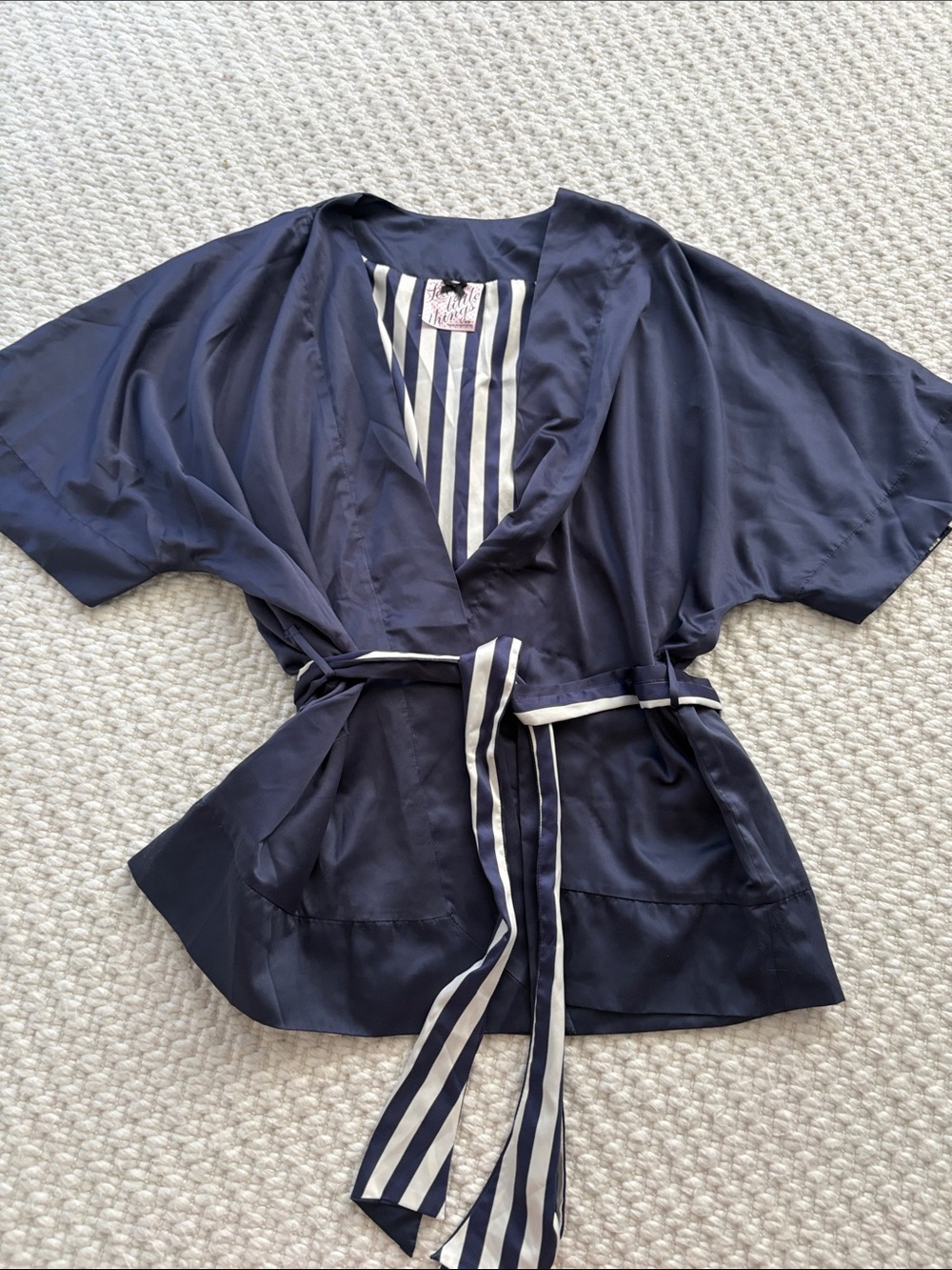 Victoria Secret Striped Trim Navy Satin Wrap Top S/M